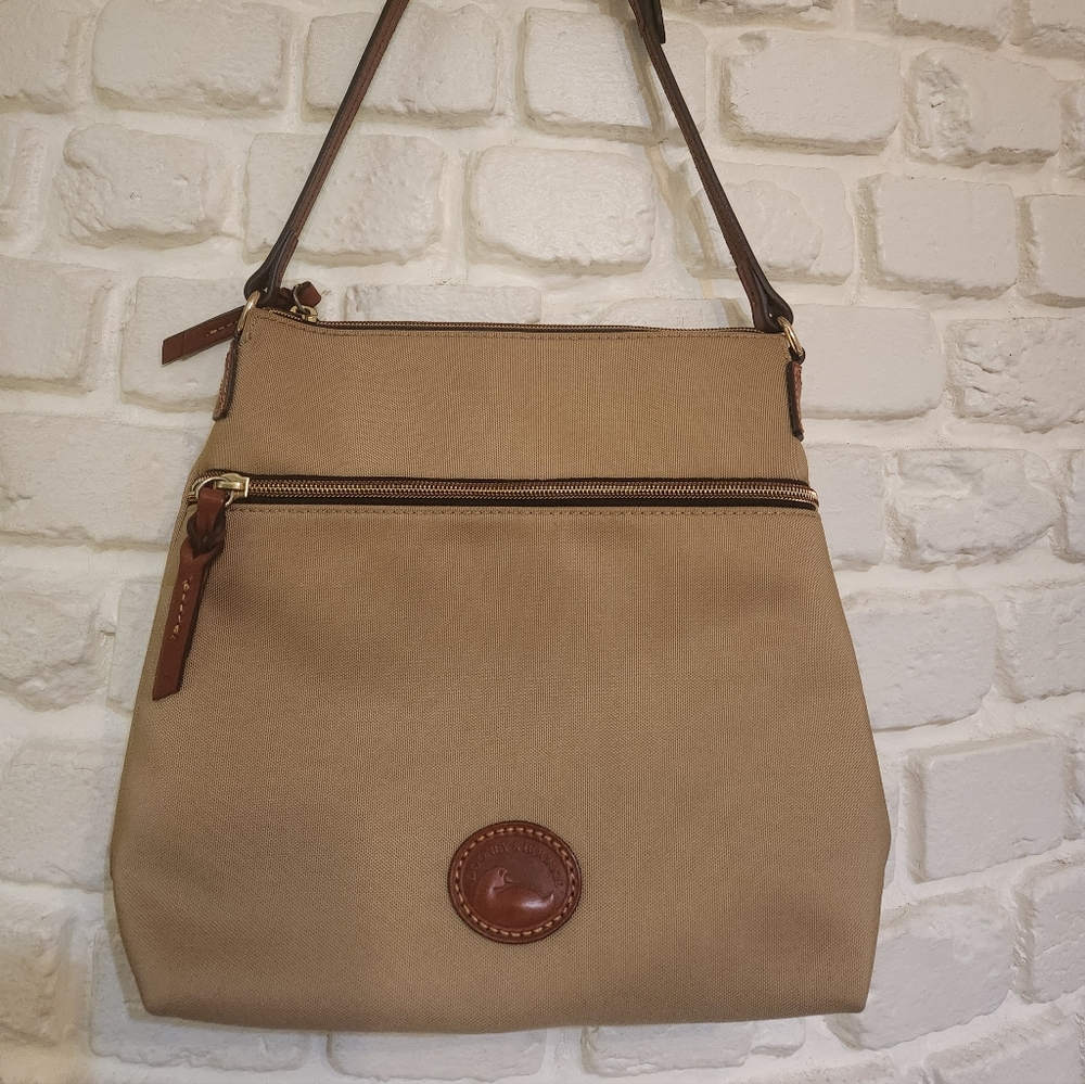 Dooney & Bourke Tan Canvas Leather Straps Trim Shoulder Purse
